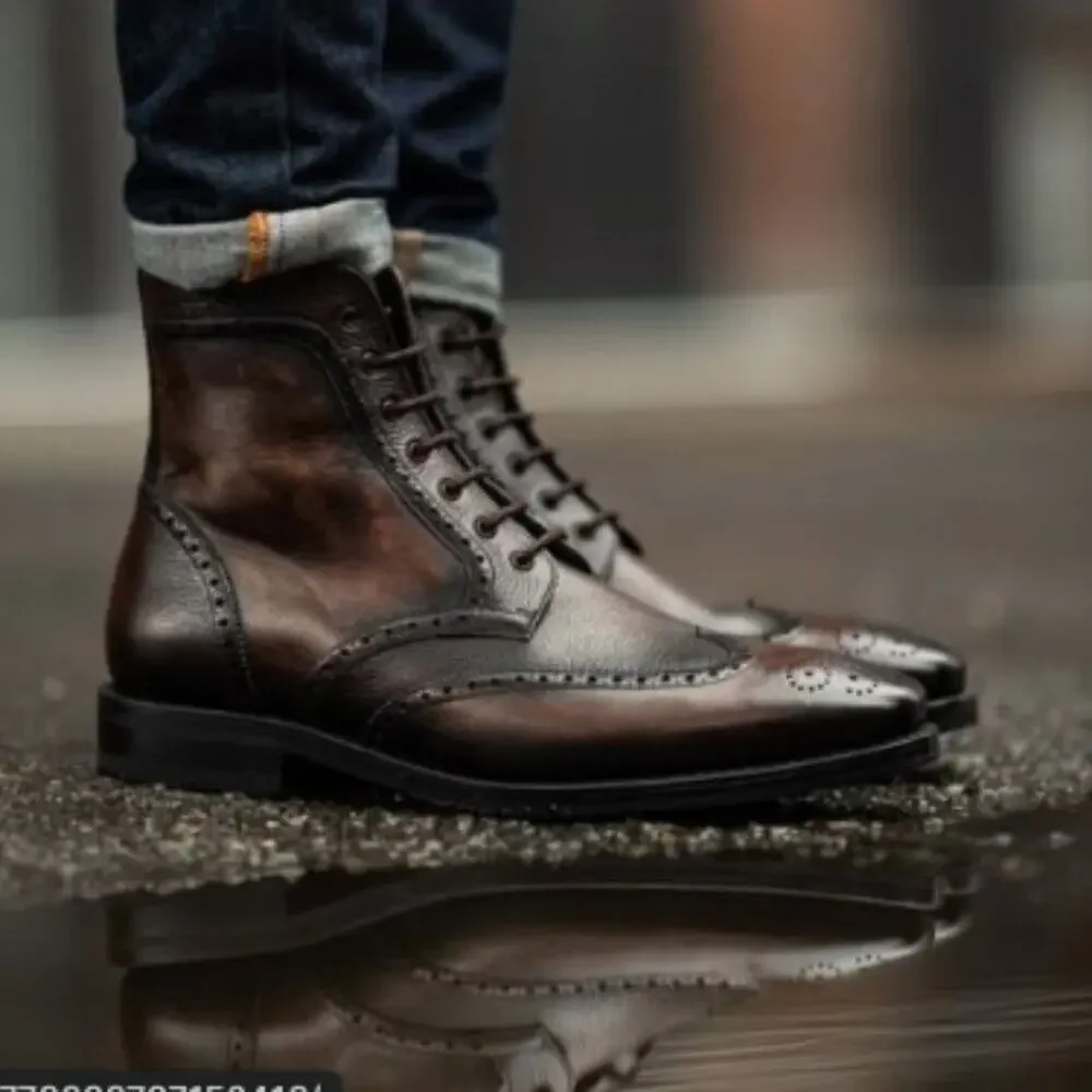 MEN'S Brown Leather Lace Up Wingtip Brogues Ankle Boot Dress Shoes - SIZE 10.5